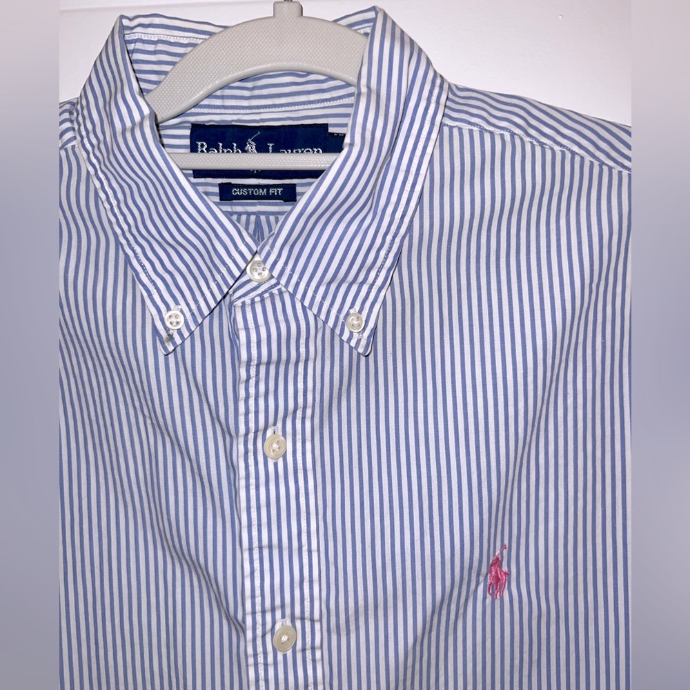 Polo Ralph Lauren short sleeve dress shirt in light blue pinstripe, size medium